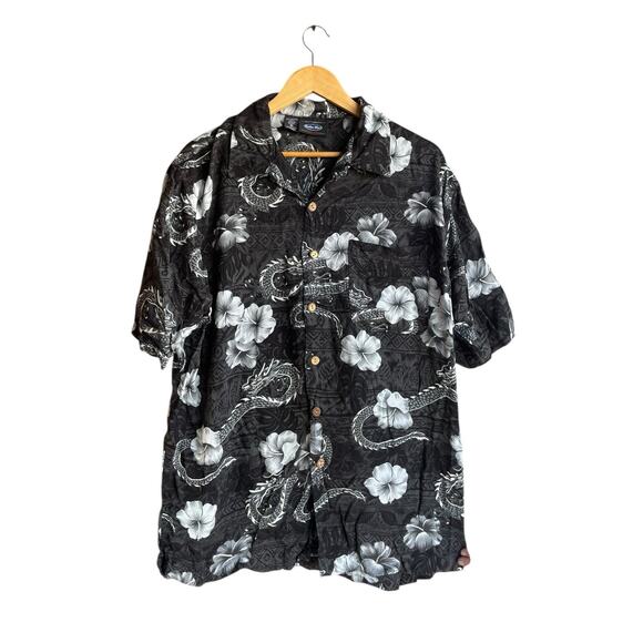 Vintage Black  Anchor Blue Dragon Rayon Button Down Short Sleeve Men’s Shirt XL - Picture 1 of 5